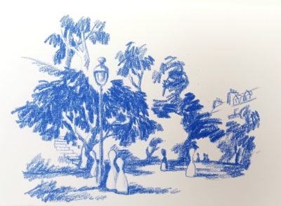 Dessin bleu de Denis gerablie représentant les Buttes chaumont à paris